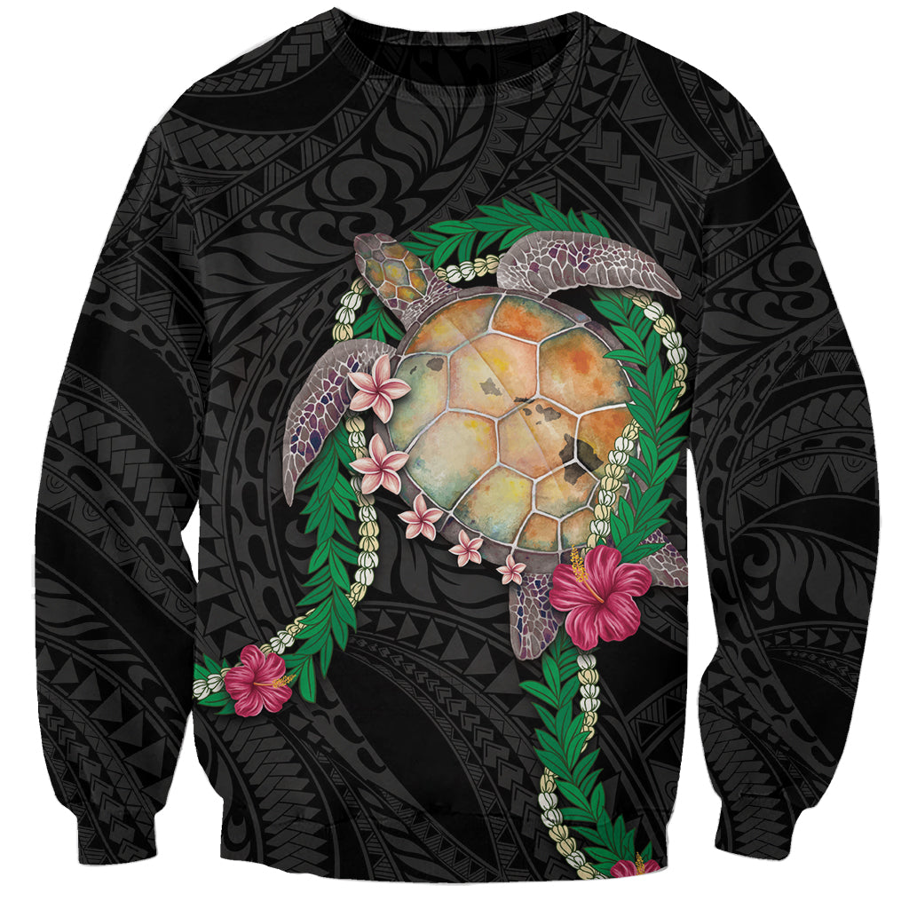 Hawaii Pikake and Maile Lei Sweatshirt Honu Polynesian Pattern Black Color LT03 Unisex Black - Polynesian Pride
