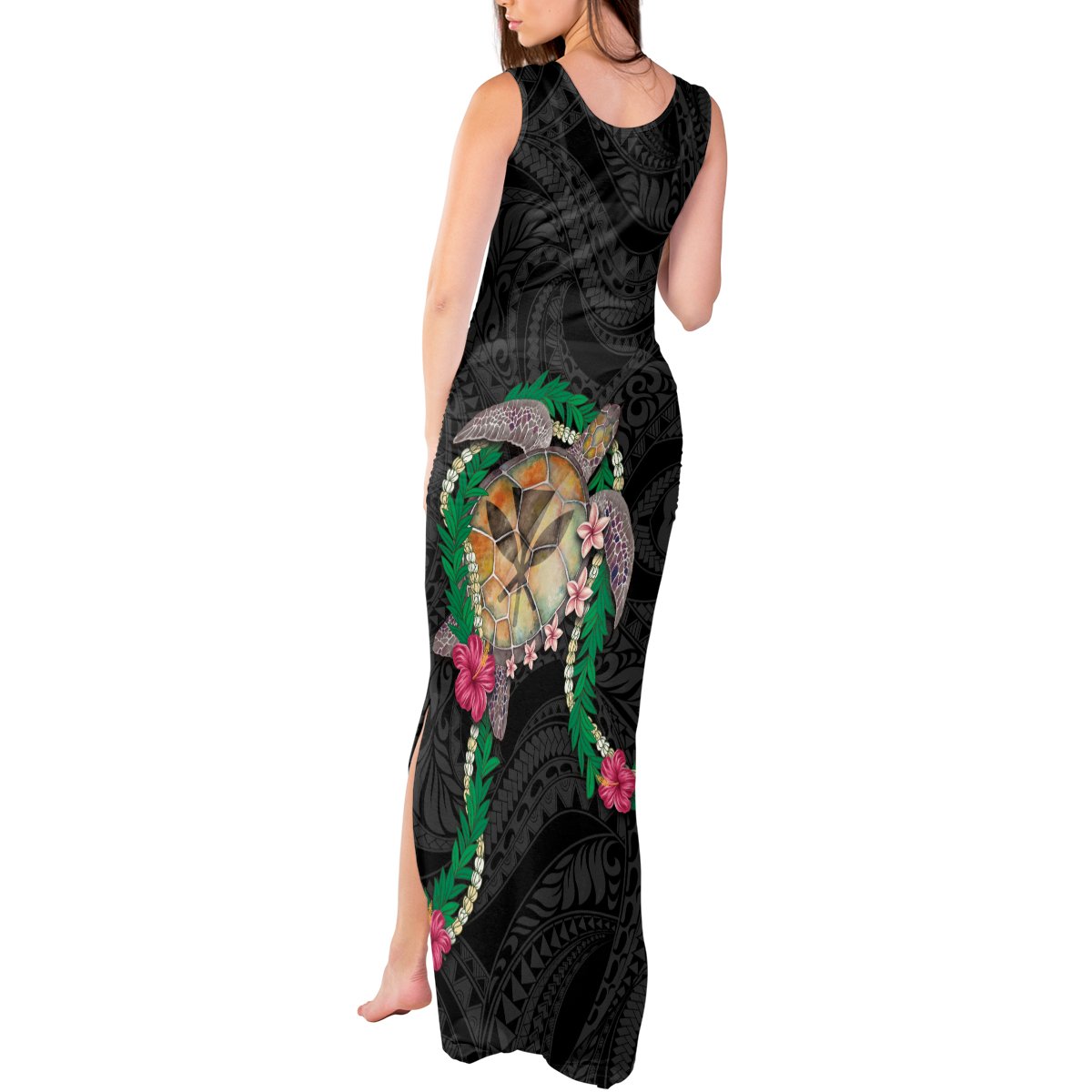 Hawaii Pikake and Maile Lei Tank Maxi Dress Honu Polynesian Pattern Black Color LT03 - Polynesian Pride