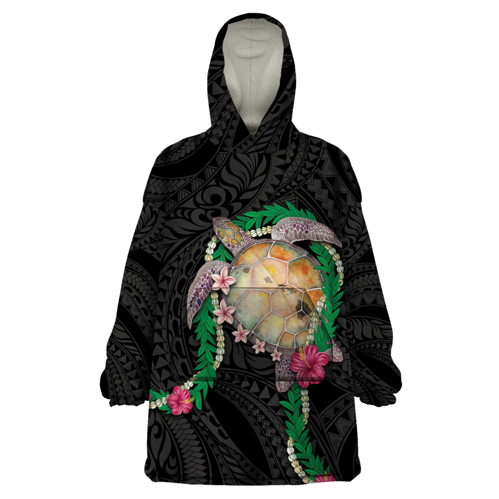 Hawaii Pikake and Maile Lei Wearable Blanket Hoodie Honu Polynesian Pattern Black Color