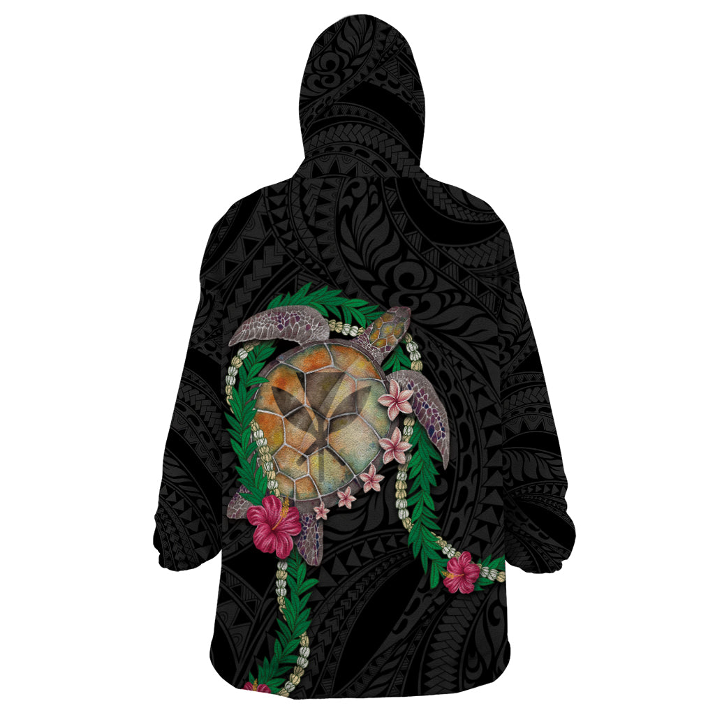 Hawaii Pikake and Maile Lei Wearable Blanket Hoodie Honu Polynesian Pattern Black Color LT03 - Polynesian Pride