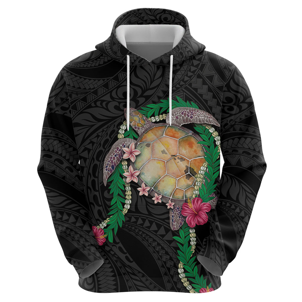Hawaii Pikake and Maile Lei Zip Hoodie Honu Polynesian Pattern Black Color