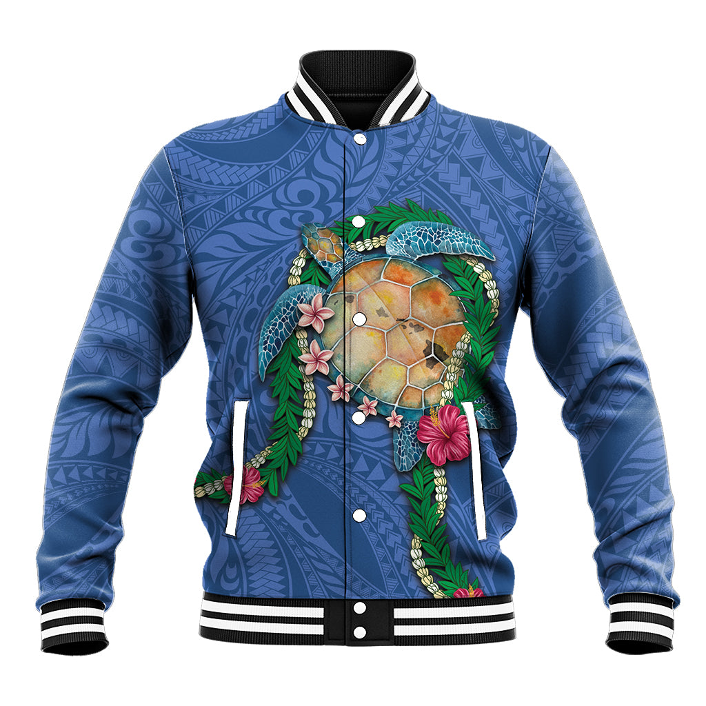 Hawaii Pikake and Maile Lei Baseball Jacket Honu Polynesian Pattern Blue Color LT03 Unisex Blue - Polynesian Pride