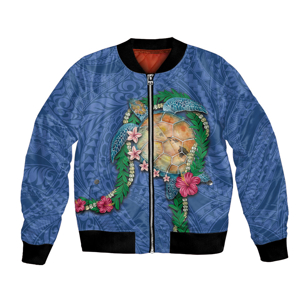 Hawaii Pikake and Maile Lei Bomber Jacket Honu Polynesian Pattern Blue Color LT03 Unisex Blue - Polynesian Pride