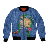 Hawaii Pikake and Maile Lei Bomber Jacket Honu Polynesian Pattern Blue Color LT03 Unisex Blue - Polynesian Pride