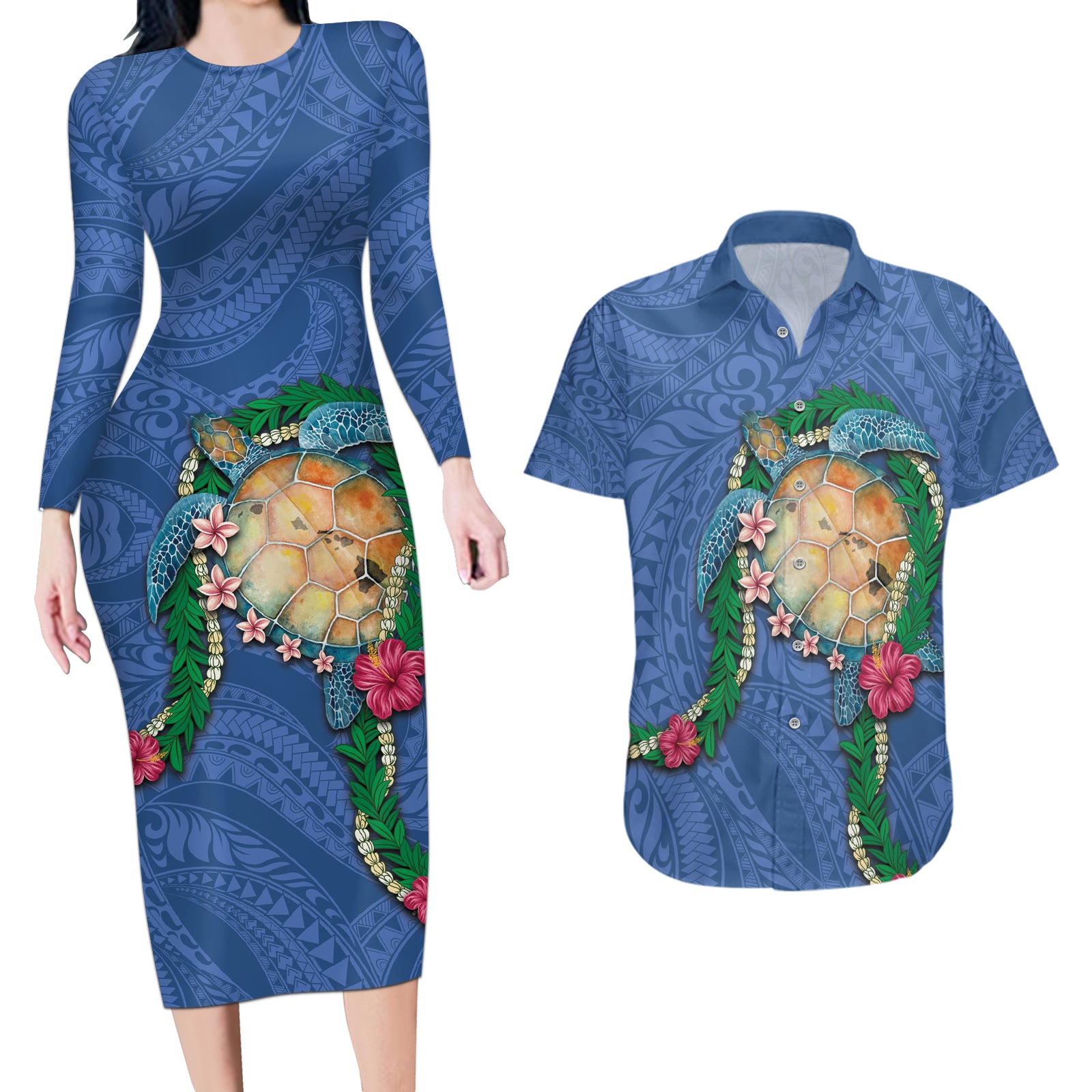 Hawaii Pikake and Maile Lei Couples Matching Long Sleeve Bodycon Dress and Hawaiian Shirt Honu Polynesian Pattern Blue Color LT03 Blue - Polynesian Pride