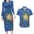 Hawaii Pikake and Maile Lei Couples Matching Long Sleeve Bodycon Dress and Hawaiian Shirt Honu Polynesian Pattern Blue Color