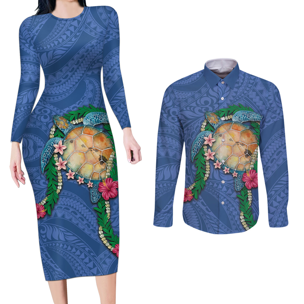 Hawaii Pikake and Maile Lei Couples Matching Long Sleeve Bodycon Dress and Long Sleeve Button Shirt Honu Polynesian Pattern Blue Color LT03 Blue - Polynesian Pride