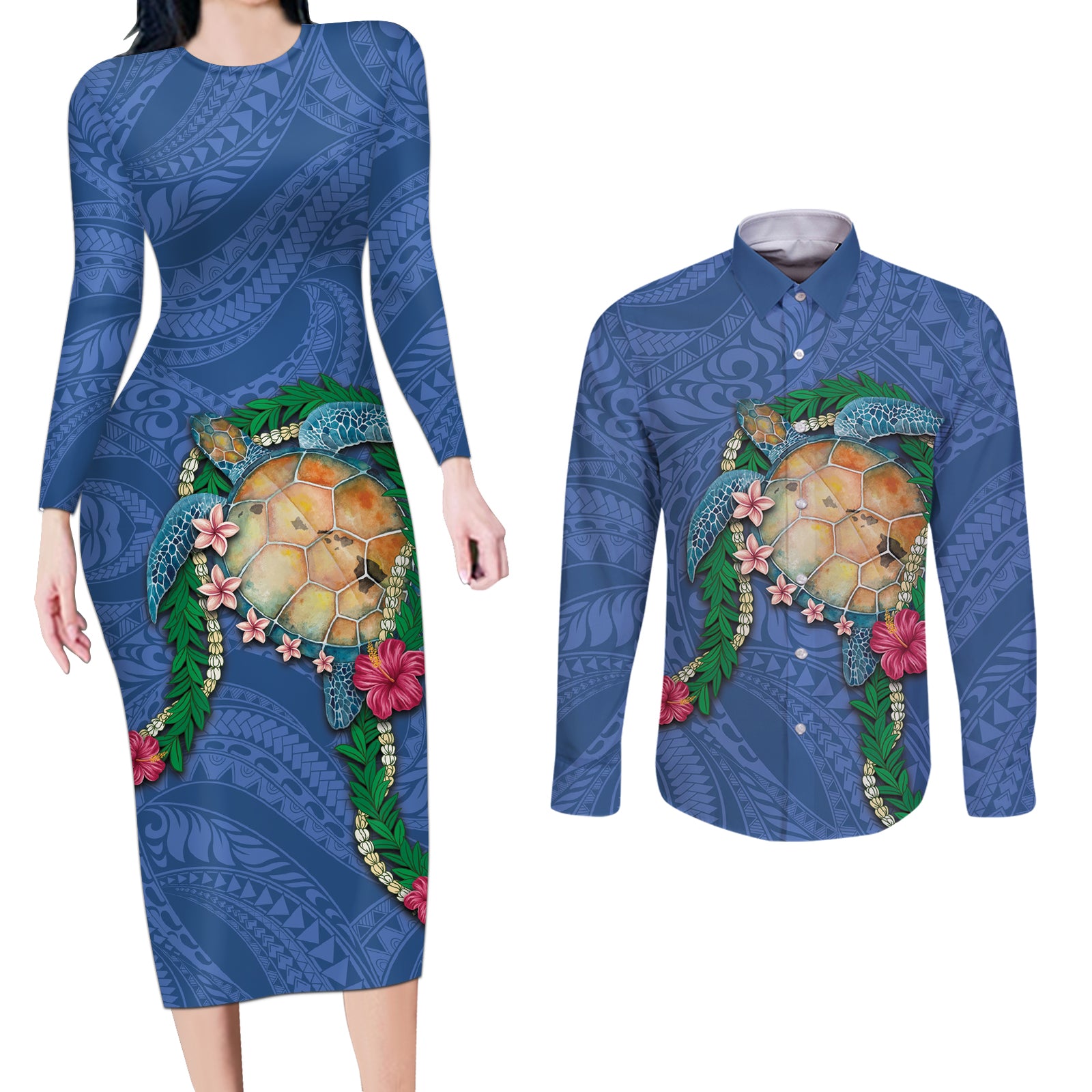 Hawaii Pikake and Maile Lei Couples Matching Long Sleeve Bodycon Dress and Long Sleeve Button Shirt Honu Polynesian Pattern Blue Color LT03 Blue - Polynesian Pride