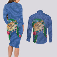 Hawaii Pikake and Maile Lei Couples Matching Long Sleeve Bodycon Dress and Long Sleeve Button Shirt Honu Polynesian Pattern Blue Color LT03 - Polynesian Pride