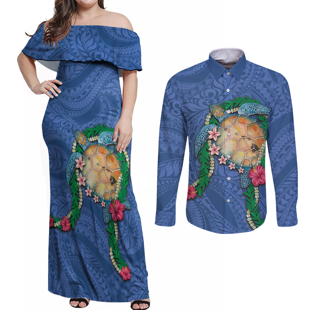 Hawaii Pikake and Maile Lei Couples Matching Off Shoulder Maxi Dress and Long Sleeve Button Shirt Honu Polynesian Pattern Blue Color LT03 Blue - Polynesian Pride