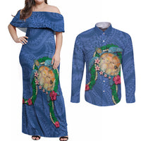 Hawaii Pikake and Maile Lei Couples Matching Off Shoulder Maxi Dress and Long Sleeve Button Shirt Honu Polynesian Pattern Blue Color LT03 Blue - Polynesian Pride