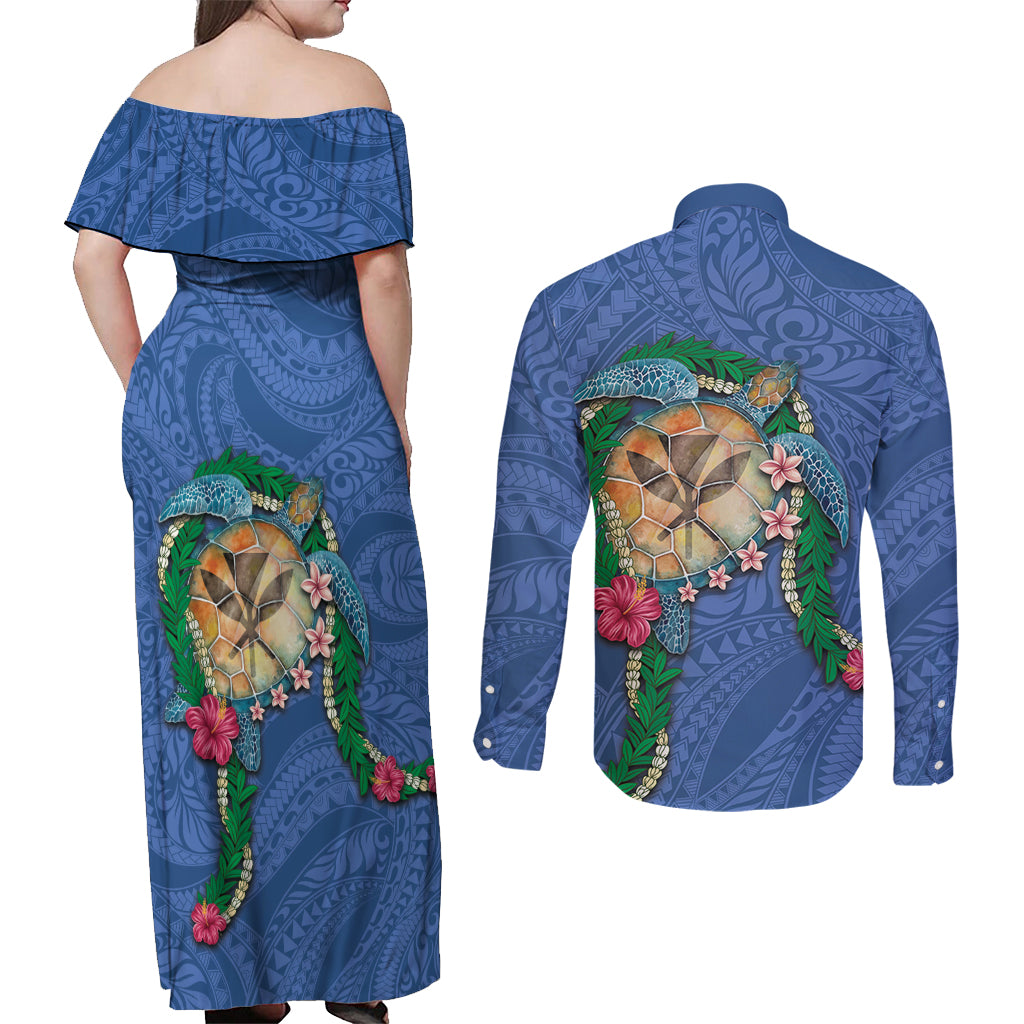 Hawaii Pikake and Maile Lei Couples Matching Off Shoulder Maxi Dress and Long Sleeve Button Shirt Honu Polynesian Pattern Blue Color LT03 - Polynesian Pride