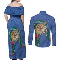 Hawaii Pikake and Maile Lei Couples Matching Off Shoulder Maxi Dress and Long Sleeve Button Shirt Honu Polynesian Pattern Blue Color LT03 - Polynesian Pride