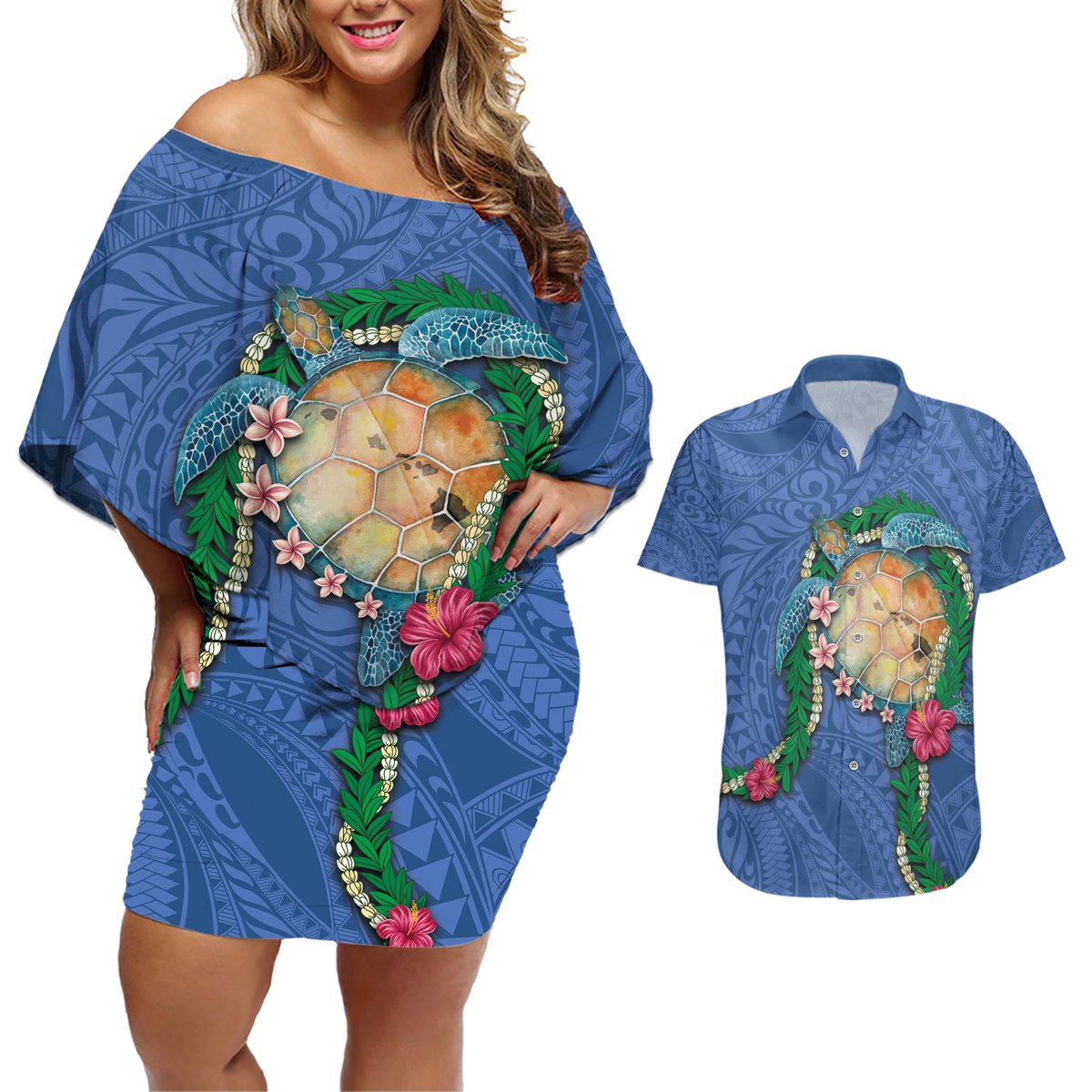 Hawaii Pikake and Maile Lei Couples Matching Off Shoulder Short Dress and Hawaiian Shirt Honu Polynesian Pattern Blue Color LT03 Blue - Polynesian Pride
