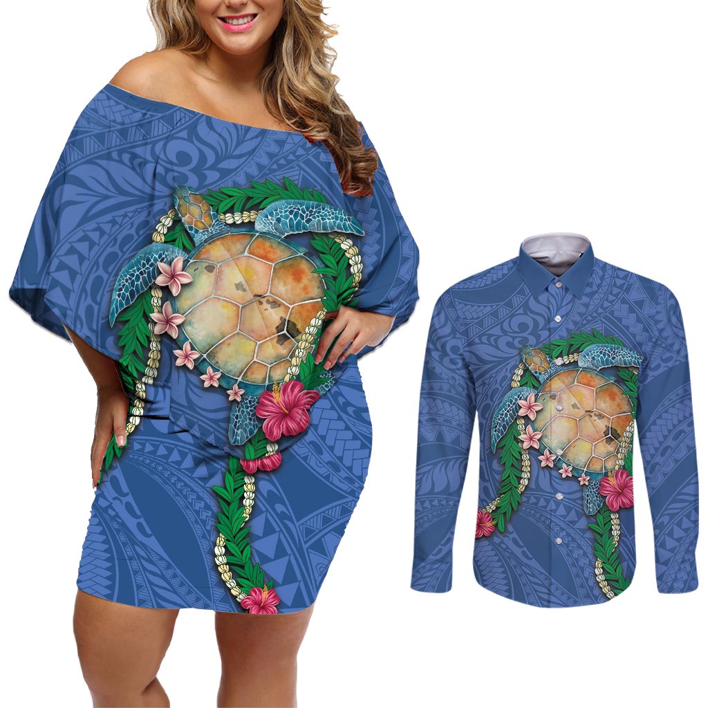 Hawaii Pikake and Maile Lei Couples Matching Off Shoulder Short Dress and Long Sleeve Button Shirt Honu Polynesian Pattern Blue Color LT03 Blue - Polynesian Pride