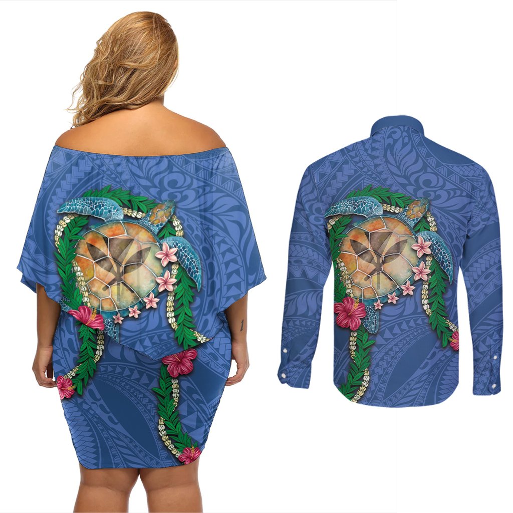 Hawaii Pikake and Maile Lei Couples Matching Off Shoulder Short Dress and Long Sleeve Button Shirt Honu Polynesian Pattern Blue Color LT03 - Polynesian Pride