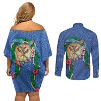 Hawaii Pikake and Maile Lei Couples Matching Off Shoulder Short Dress and Long Sleeve Button Shirt Honu Polynesian Pattern Blue Color LT03 - Polynesian Pride