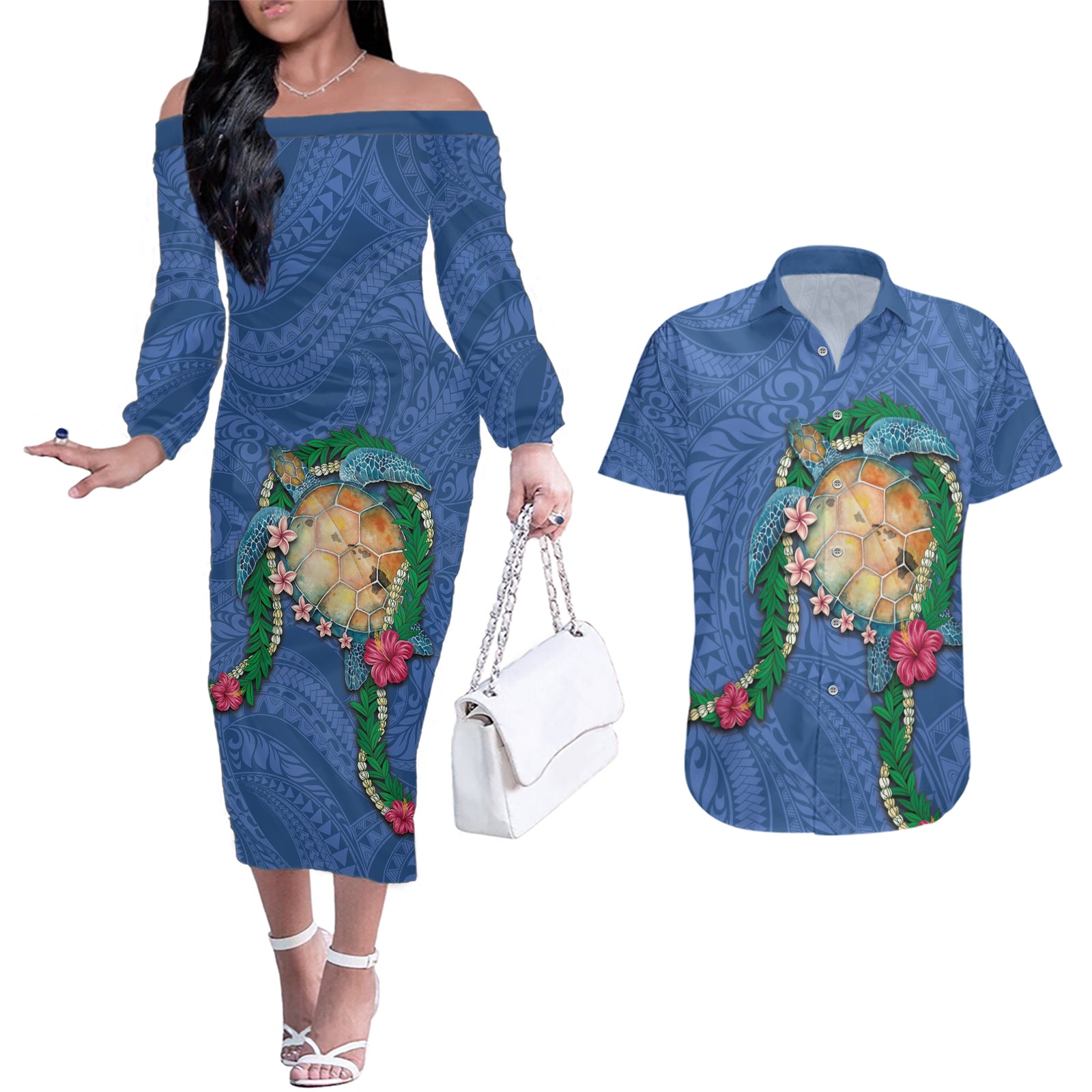 Hawaii Pikake and Maile Lei Couples Matching Off The Shoulder Long Sleeve Dress and Hawaiian Shirt Honu Polynesian Pattern Blue Color LT03 Blue - Polynesian Pride