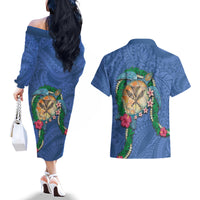 Hawaii Pikake and Maile Lei Couples Matching Off The Shoulder Long Sleeve Dress and Hawaiian Shirt Honu Polynesian Pattern Blue Color LT03 - Polynesian Pride