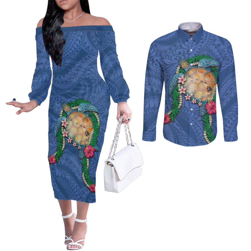 Hawaii Pikake and Maile Lei Couples Matching Off The Shoulder Long Sleeve Dress and Long Sleeve Button Shirt Honu Polynesian Pattern Blue Color LT03 Blue - Polynesian Pride
