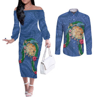 Hawaii Pikake and Maile Lei Couples Matching Off The Shoulder Long Sleeve Dress and Long Sleeve Button Shirt Honu Polynesian Pattern Blue Color LT03 Blue - Polynesian Pride