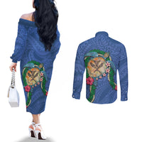 Hawaii Pikake and Maile Lei Couples Matching Off The Shoulder Long Sleeve Dress and Long Sleeve Button Shirt Honu Polynesian Pattern Blue Color LT03 - Polynesian Pride