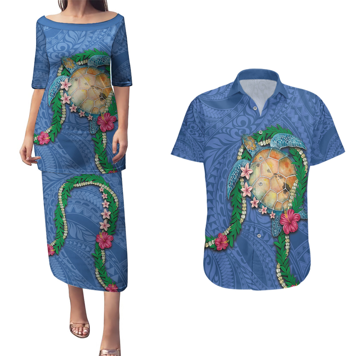 Hawaii Pikake and Maile Lei Couples Matching Puletasi and Hawaiian Shirt Honu Polynesian Pattern Blue Color LT03 Blue - Polynesian Pride