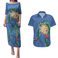 Hawaii Pikake and Maile Lei Couples Matching Puletasi and Hawaiian Shirt Honu Polynesian Pattern Blue Color LT03 Blue - Polynesian Pride