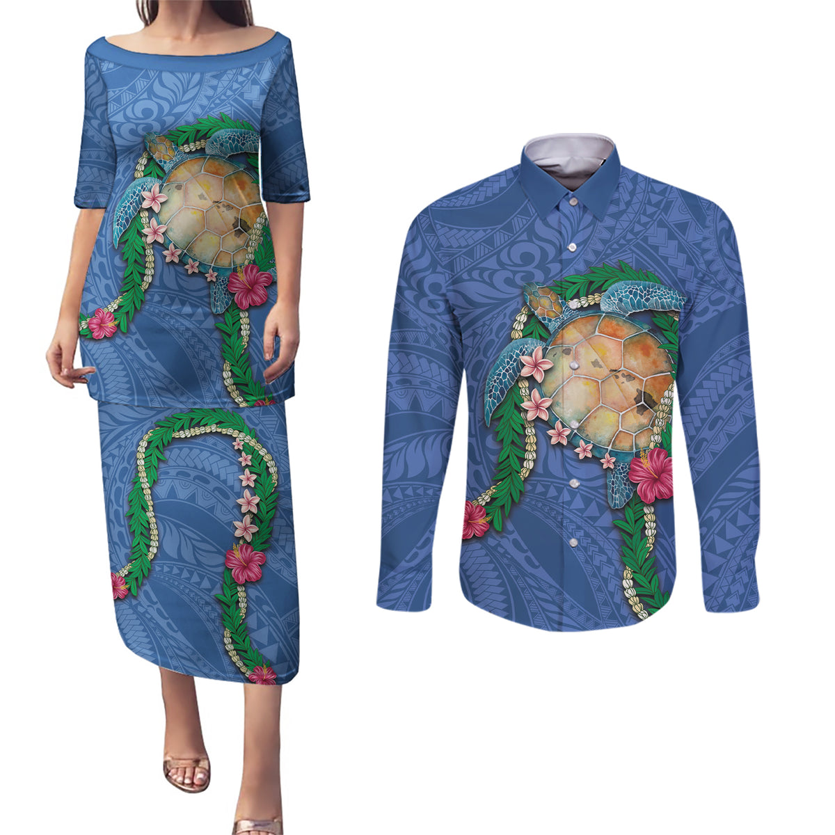 Hawaii Pikake and Maile Lei Couples Matching Puletasi and Long Sleeve Button Shirt Honu Polynesian Pattern Blue Color LT03 Blue - Polynesian Pride
