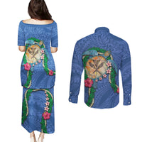 Hawaii Pikake and Maile Lei Couples Matching Puletasi and Long Sleeve Button Shirt Honu Polynesian Pattern Blue Color LT03 - Polynesian Pride