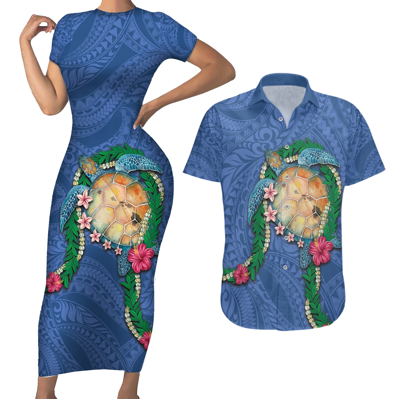 Hawaii Pikake and Maile Lei Couples Matching Short Sleeve Bodycon Dress and Hawaiian Shirt Honu Polynesian Pattern Blue Color LT03 Blue - Polynesian Pride