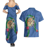 Hawaii Pikake and Maile Lei Couples Matching Summer Maxi Dress and Hawaiian Shirt Honu Polynesian Pattern Blue Color LT03 - Polynesian Pride