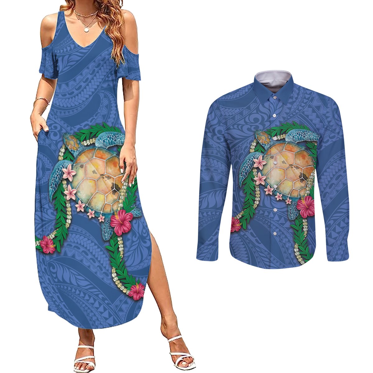 Hawaii Pikake and Maile Lei Couples Matching Summer Maxi Dress and Long Sleeve Button Shirt Honu Polynesian Pattern Blue Color LT03 Blue - Polynesian Pride