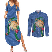 Hawaii Pikake and Maile Lei Couples Matching Summer Maxi Dress and Long Sleeve Button Shirt Honu Polynesian Pattern Blue Color LT03 Blue - Polynesian Pride