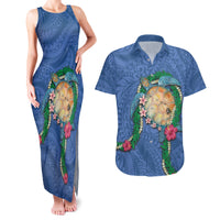 Hawaii Pikake and Maile Lei Couples Matching Tank Maxi Dress and Hawaiian Shirt Honu Polynesian Pattern Blue Color LT03 Blue - Polynesian Pride