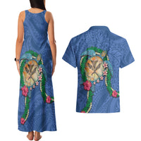 Hawaii Pikake and Maile Lei Couples Matching Tank Maxi Dress and Hawaiian Shirt Honu Polynesian Pattern Blue Color LT03 - Polynesian Pride