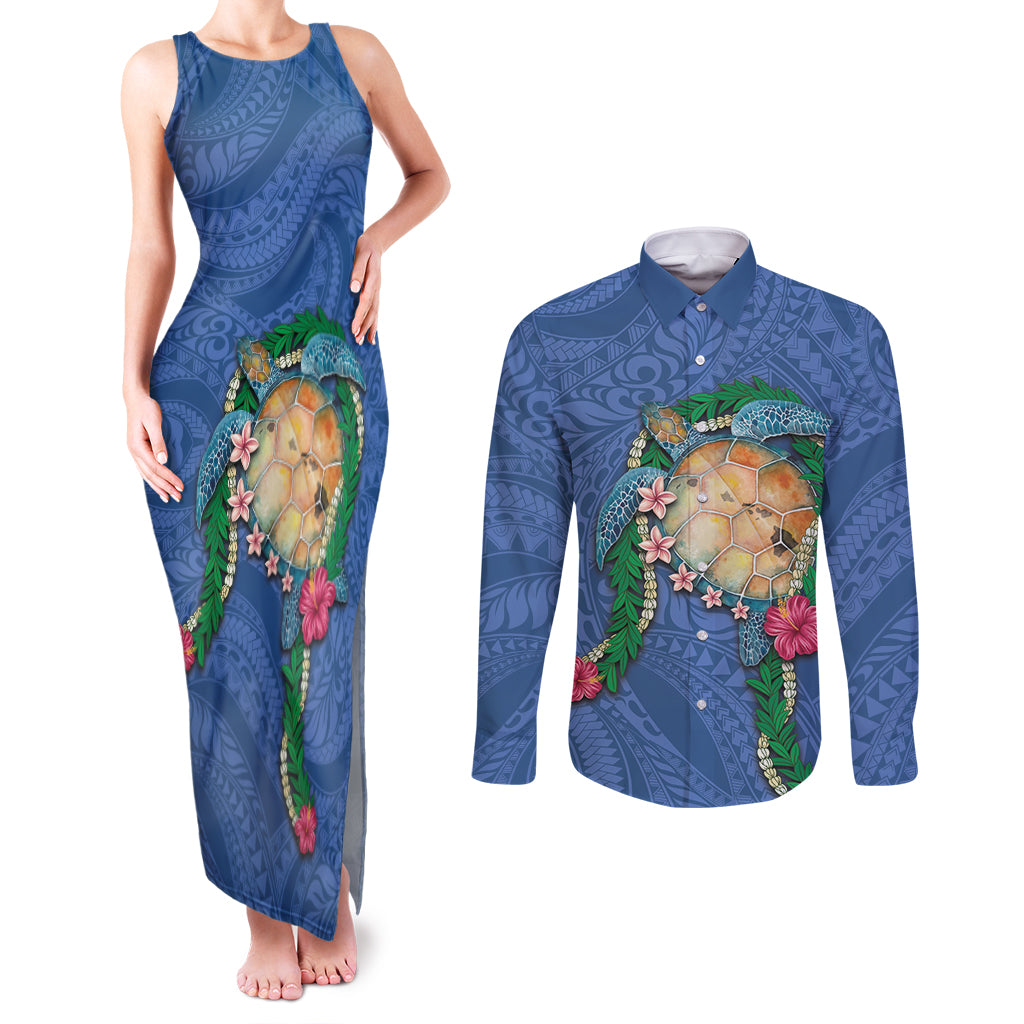 Hawaii Pikake and Maile Lei Couples Matching Tank Maxi Dress and Long Sleeve Button Shirt Honu Polynesian Pattern Blue Color LT03 Blue - Polynesian Pride