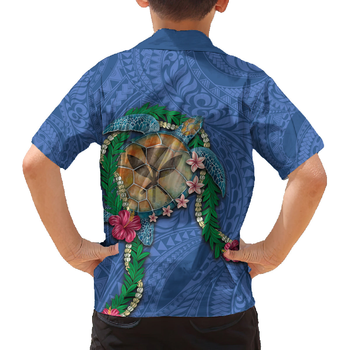 Hawaii Pikake and Maile Lei Family Matching Long Sleeve Bodycon Dress and Hawaiian Shirt Honu Polynesian Pattern Blue Color