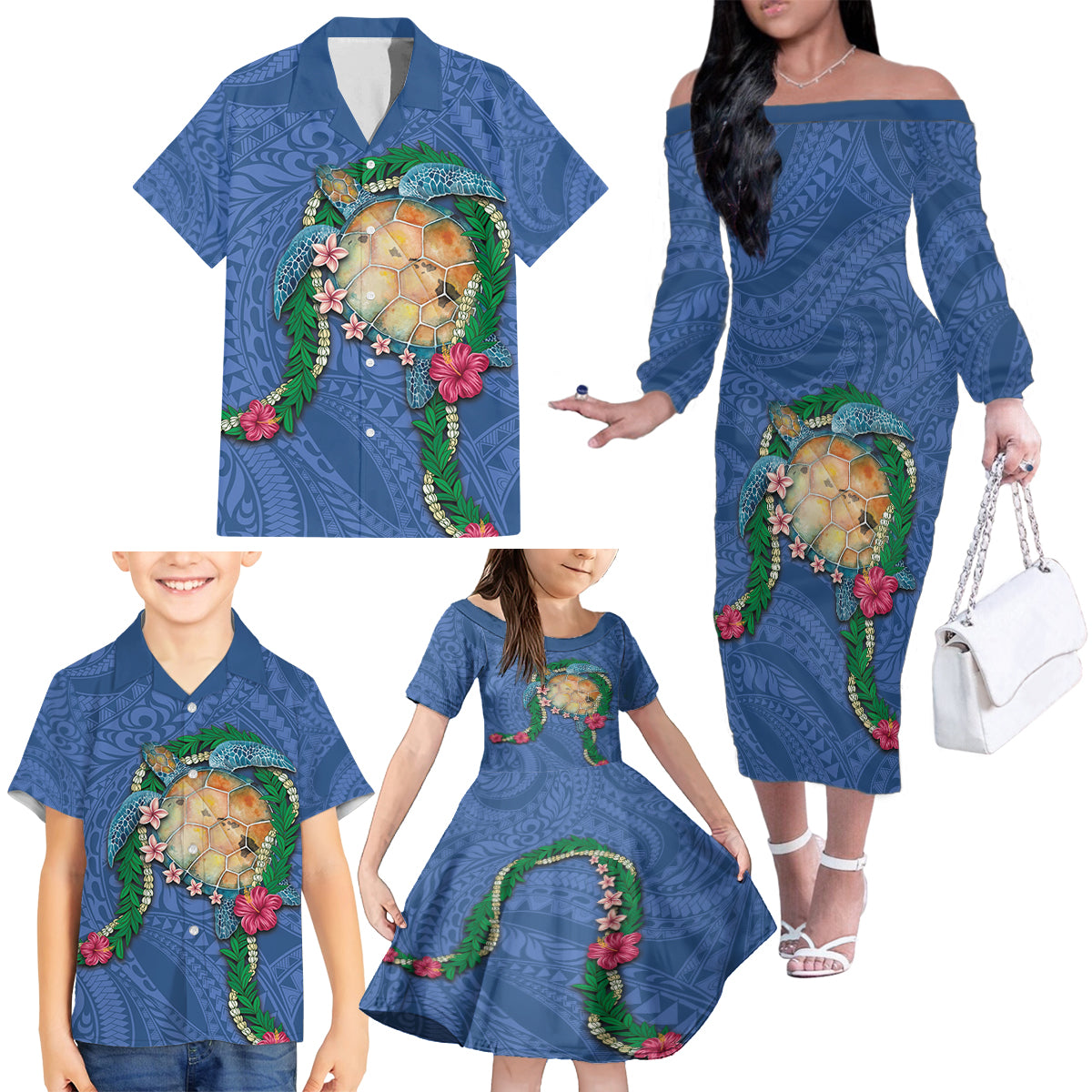 Hawaii Pikake and Maile Lei Family Matching Off The Shoulder Long Sleeve Dress and Hawaiian Shirt Honu Polynesian Pattern Blue Color