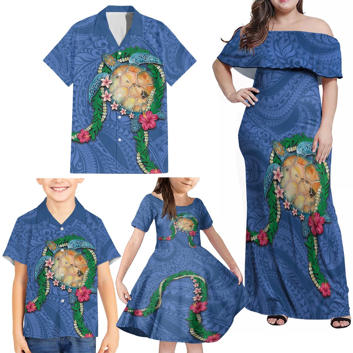 Hawaii Pikake and Maile Lei Family Matching Off Shoulder Maxi Dress and Hawaiian Shirt Honu Polynesian Pattern Blue Color LT03 - Polynesian Pride