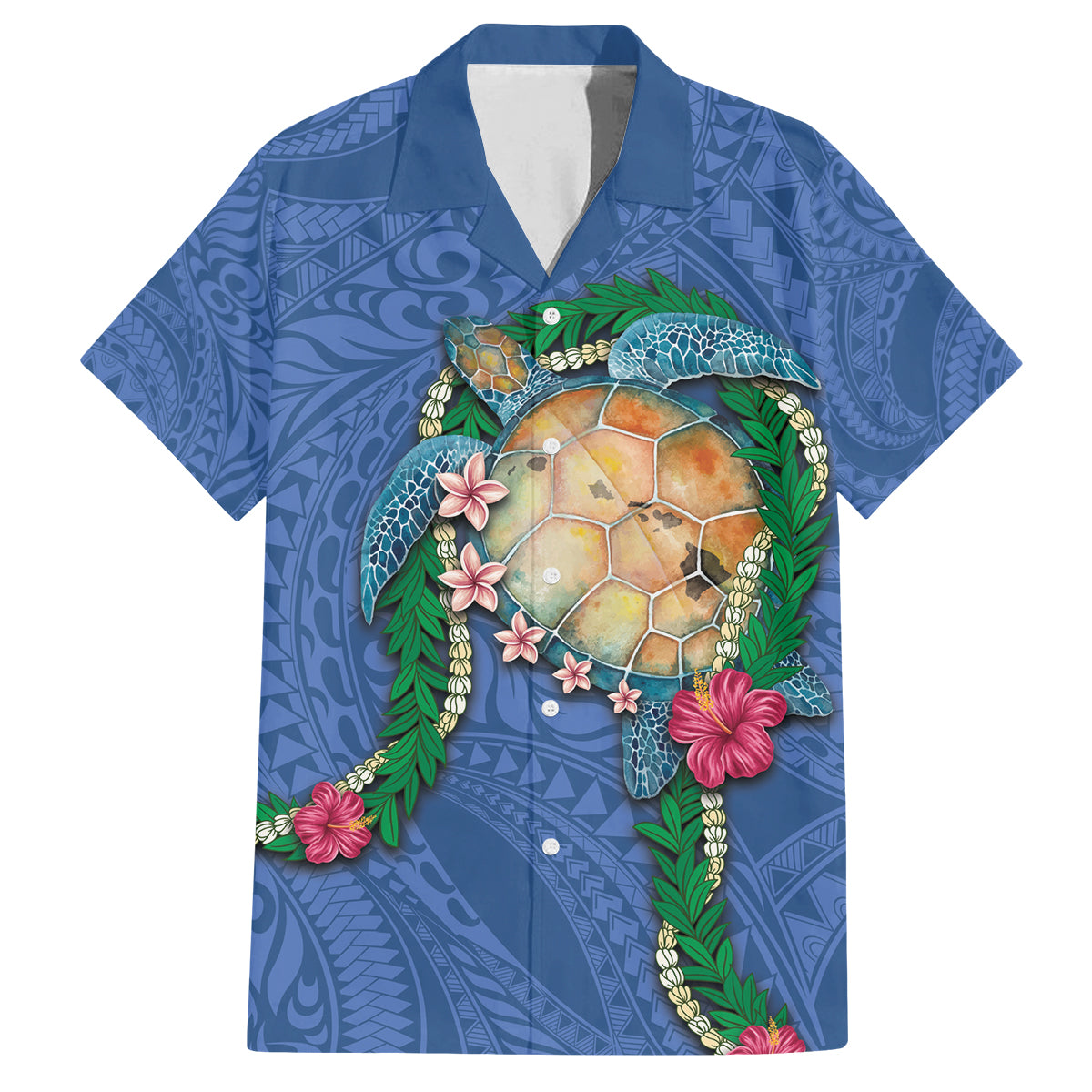 Hawaii Pikake and Maile Lei Family Matching Off Shoulder Short Dress and Hawaiian Shirt Honu Polynesian Pattern Blue Color