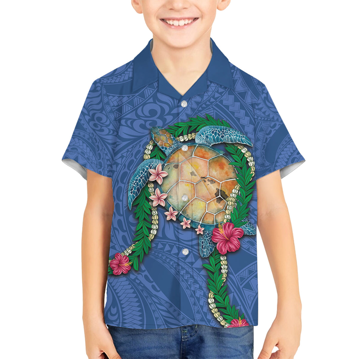 Hawaii Pikake and Maile Lei Family Matching Off Shoulder Short Dress and Hawaiian Shirt Honu Polynesian Pattern Blue Color