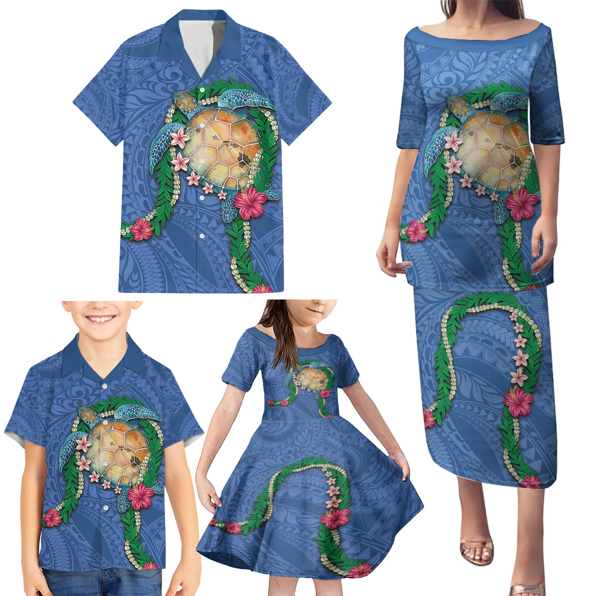 Hawaii Pikake and Maile Lei Family Matching Puletasi and Hawaiian Shirt Honu Polynesian Pattern Blue Color