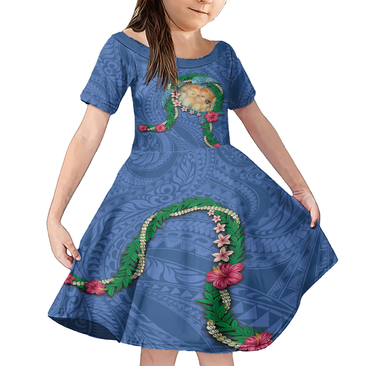 Hawaii Pikake and Maile Lei Family Matching Short Sleeve Bodycon Dress and Hawaiian Shirt Honu Polynesian Pattern Blue Color