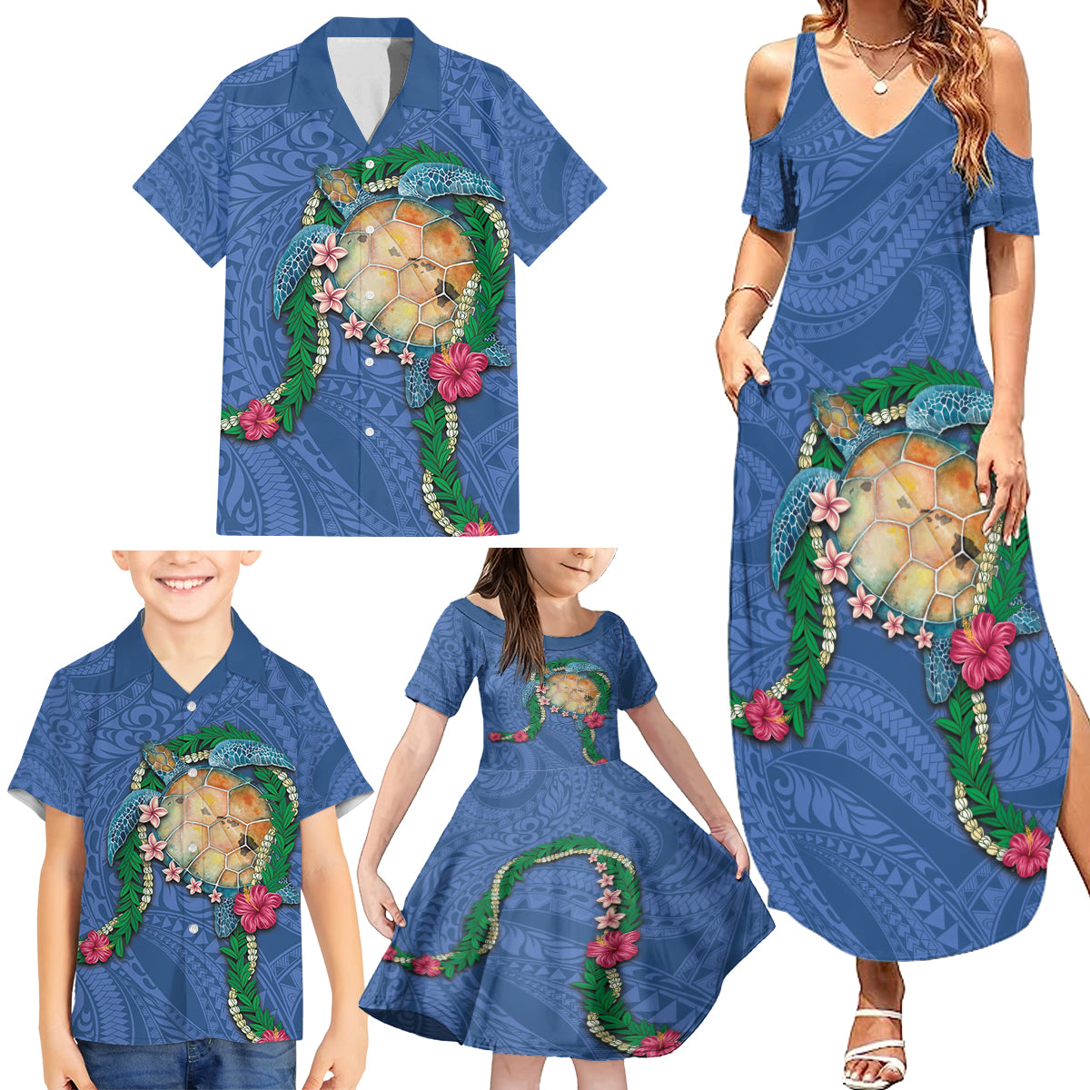 Hawaii Pikake and Maile Lei Family Matching Summer Maxi Dress and Hawaiian Shirt Honu Polynesian Pattern Blue Color LT03 - Polynesian Pride