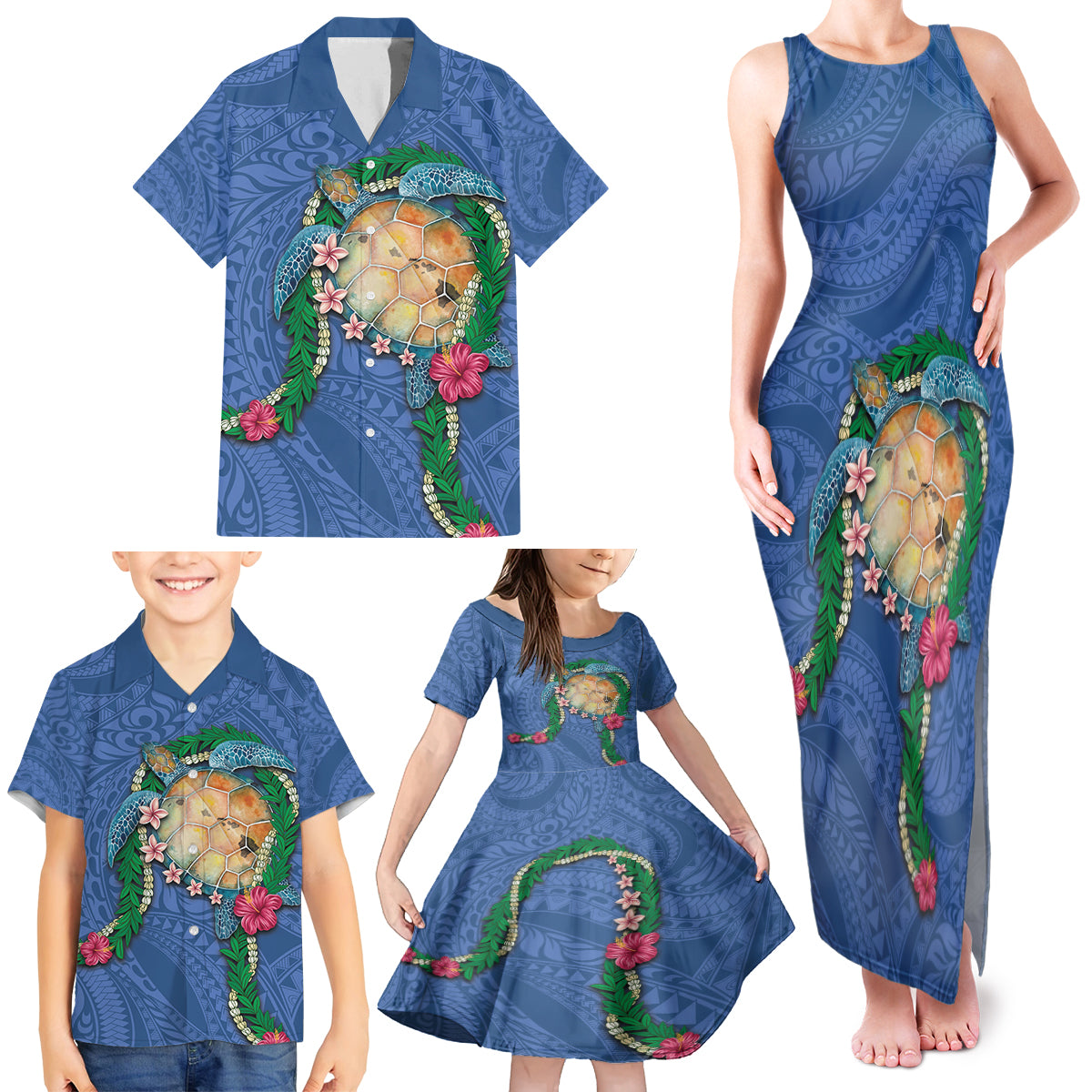 Hawaii Pikake and Maile Lei Family Matching Tank Maxi Dress and Hawaiian Shirt Honu Polynesian Pattern Blue Color LT03 - Polynesian Pride