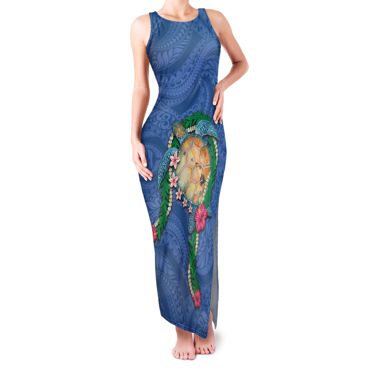Hawaii Pikake and Maile Lei Family Matching Tank Maxi Dress and Hawaiian Shirt Honu Polynesian Pattern Blue Color