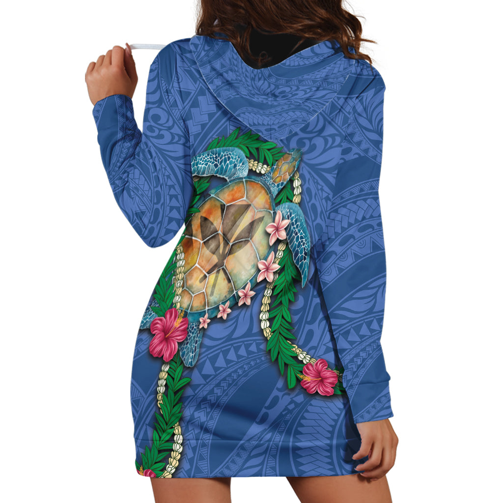 Hawaii Pikake and Maile Lei Hoodie Dress Honu Polynesian Pattern Blue Color LT03 - Polynesian Pride