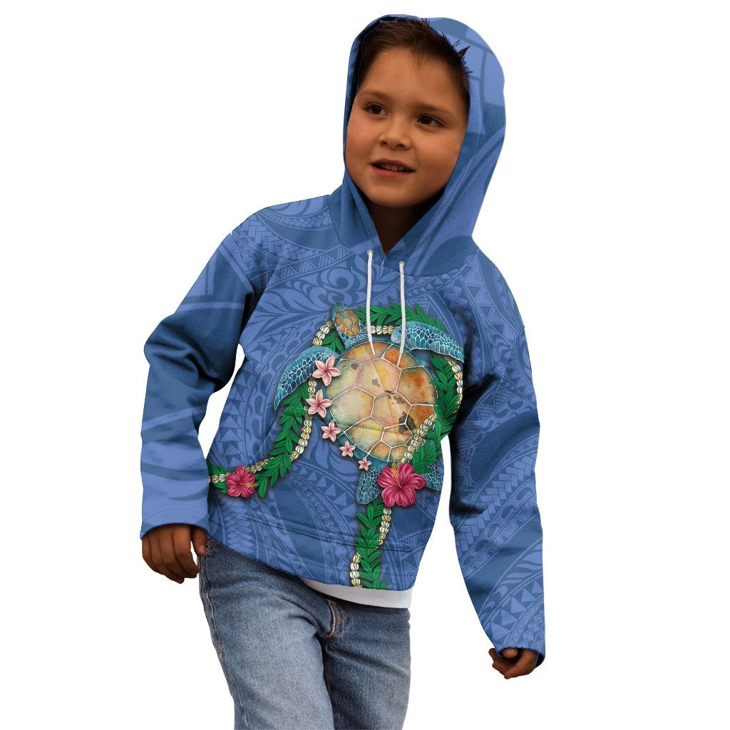 Hawaii Pikake and Maile Lei Kid Hoodie Honu Polynesian Pattern Blue Color