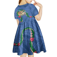 Hawaii Pikake and Maile Lei Kid Short Sleeve Dress Honu Polynesian Pattern Blue Color LT03 - Polynesian Pride